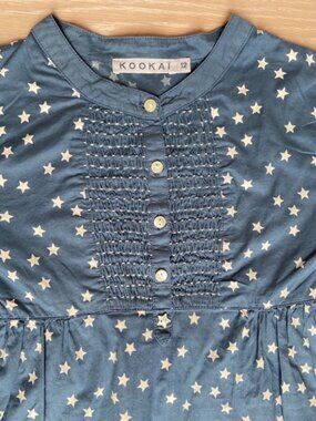Kookai, Kids, Blue Canard w/ cream stars pop over blouse, size: 12 years old